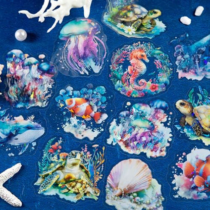 60Pcs Holographic Ocean Life Jellyfish Turtles Stickers - Sea Marine Animal Whales Dolphins Seahorses Stickers for Junk Journal,Scrapbooking Supplies,Planner