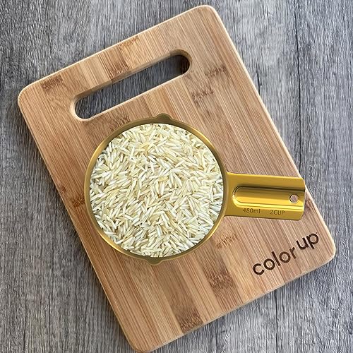 2 Cup Measuring Cup (480ml, 16oz) – Gold Stainless Steel Measure Scoop with Easy-Pour Spouts, Flat Base, by Color Up - size: 2 Cup (480 ml) Gold