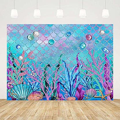 7x5ft Under The Sea Backdrop for Photoshoot Purple Corals Pearls Photography Background Little Mermaid Party Decorations for Girls Photo Shoot Props Cake Table Banner - size: 7x5ft
