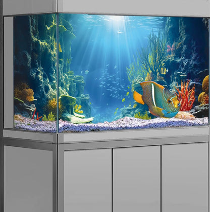 48X18IN Blue Sea Floor Aquarium Background, Natural Underwater World 3D Effect Fish Tank Decorations Background, Art Terrarium Background with 8 EVA Double-Sided Tape