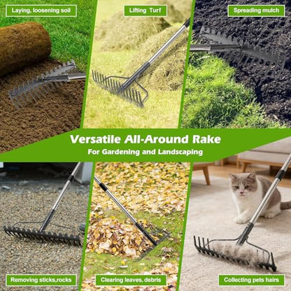77-Inch Bow Rake, Heavy Duty Metal Garden Rake with 17 Tines & Adjustable Handle – Landscape Rake for Moving Gravel,Loosening Soil,Leveling Ground,Gathering Leaves,Spreading Mulch–Lawn Yard Farm Tool