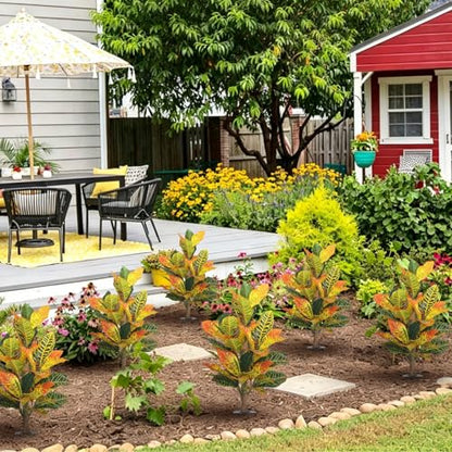 UV-Resistance 35inch Artificial Croton Plant, 2 Pack Fake Croton with Ground Spike, Faux Fiddle Leaf Fig Tree for Outdoor Home Decor