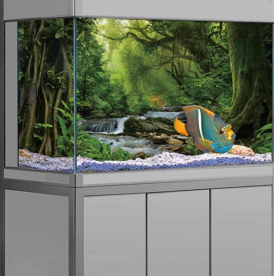 36X18IN Natural Green Forest Tree Stream Reptile Habitat Background Terrarium Background, Tropical Forest Decor Aquarium Background, Misty Rainforest Aquarium Background with 10 EVA Double-Sided Tape - size: 36X18in/90X45cm
