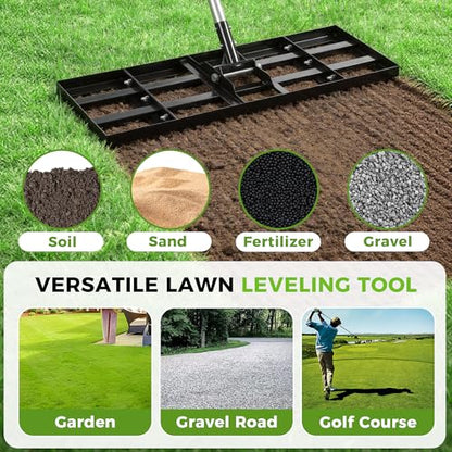 Lawn Leveling Rake, 30"x10" Stainless Steel Lawn Leveler with 76" Adjustable Handle, Heavy-Duty Yard Leveling Rake for Garden, Golf Course, Farm, Pasture, Professional Lawn Care Tool - style: 30"x10" Leveling Rake
