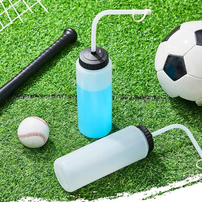 Domensi 4 Pack 32 oz Hockey Sports Water Bottle with Long Straw Easy Squeeze Plastic Bottle Helmet Friendly for Sport Hockey Football Lacrosse(Translucent,Classic) - color: Translucent
