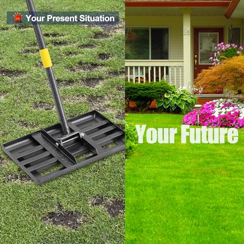Professional Lawn Leveling Rake with 17x10in Heavy-Duty Stainless Steel Head & 72" Adjustable Handle - Grass Leveling Tool for Quick Soil Grading, Thatch Removal and Yard Maintenance - size: 17x10", 72"