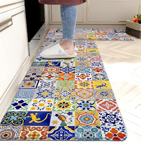 Boho Kitchen Rugs Set 2 Pieces Memory Foam Colorful Ceramic Comfort Tile Floor Mat Anti Fatigue Non-Skid PVC Runner Rug Water & Oil Proof Carpet for Kitchen Laundry Sink,17.3x28+17.3x47 Inch - color: Boho Floral