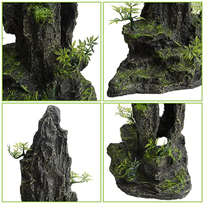 14.4" Tall Aquarium Cave Decor, Large Resin Mountain Hideout with Artificial Plants, Rock Shelter for Betta & Cichlid, Landscape Ornament for 20-40 Gallon Freshwater & Saltwater Tank