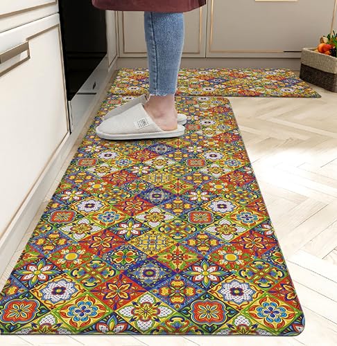 Boho Kitchen Rugs Set 2 Memory Foam Colorful Ceramic Comfort Tile Floor Mat Anti Fatigue Non-Skid PVC Runner Rug Water & Oil Proof Carpet for Kitchen Laundry Sink,17.3x28+17.3x47 Inch, C4 - color: Color Tiles-4