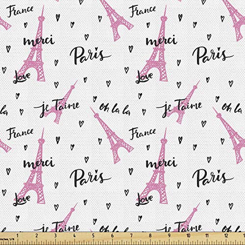 Lunarable Eiffel Tower Fabric by The Yard, France Paris Oh La La Eiffel Tower Hearts Calligraphy Doodle Style Art, Decorative Fabric for Upholstery and Home Accents, 2 Yards, Black Pink - color: Black Pink, size: Upholstery Fabric 2 yards