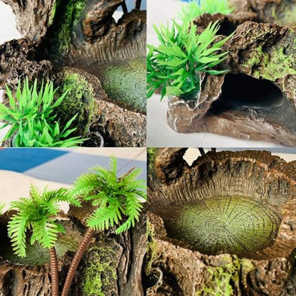 Reptile Water Dish, Snake Water Bowl, Resin Turtle Basking Platform with Artificial Plants, Crested Gecko Tank Accessories for Bearded Dragon, Hermit Crab, Snake (Smooth)