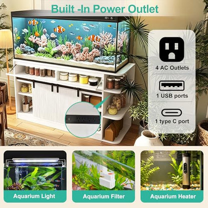 75 Gallon Fish Tank Stand with RGB LED & 6-Outlet Charging Station, 55-75 Gallon Aquarium Cabinet with Sliding Doors, 1200 lbs Capacity, White - color: White, size: 55.1"L x 19.6"W x 32.2"H