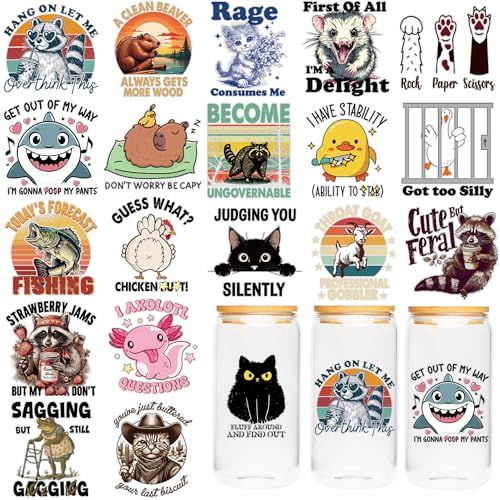 UV DTF Cup Wraps - 20 Sheet Funny Animal UV DTF Transfer Stickers, Fun Cup Wraps for Glass, Humorous Waterproof Decals, DIY Crafts for Self, Friends, Family
