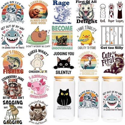 UV DTF Cup Wraps - 20 Sheet Funny Animal UV DTF Transfer Stickers, Fun Cup Wraps for Glass, Humorous Waterproof Decals, DIY Crafts for Self, Friends, Family