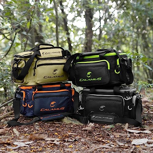 Calamus Fishing Tackle Bags - Saltwater or Freshwater Fishing Bags - Rip-Stop PE - Padded Shoulder Strap - Pliers Storage - Green - color: A：Green(without trays)-14.3*9*7.5 inches