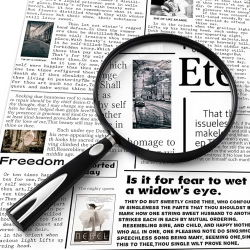 Handheld Reading Magnifier, 10X Magnifier, 130mm Shatterproof Lens, Non-Slip Handle for Adults Close Work, Seniors Reading and Nature Exploration, Hobby Observation(Silver/Black)