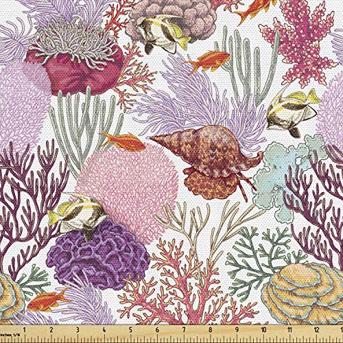 Lunarable Aquarium Fabric by The Yard, Colorful Coral Reef Pattern with Exotic Fishes and Seashells Aquatic Ecosystem, Decorative Fabric for Upholstery and Home Accents, 2 Yards, Pink Multicolor - color: Pink Multicolor, size: Upholstery Fabric 2 yards