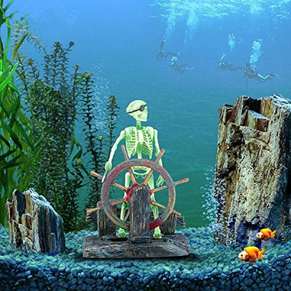 Aquarium Decor Ornament Air-Driven Active Skeleton Pirate Captain for Fish Tank Decoration