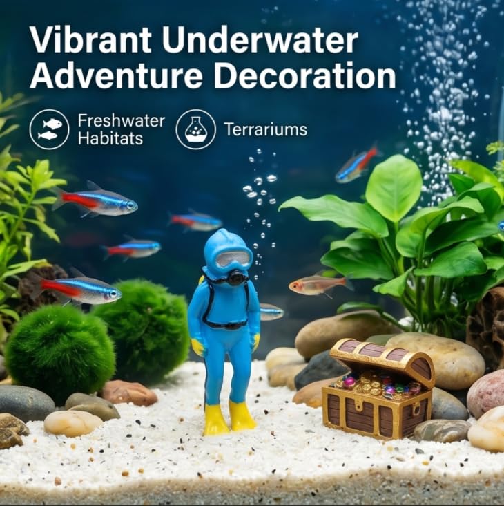 Blue Miniature Diver Figurine with Floating Ball, Resin Aquarium Decoration Micro Landscape Ornament for Fish Tank Pet Supplies