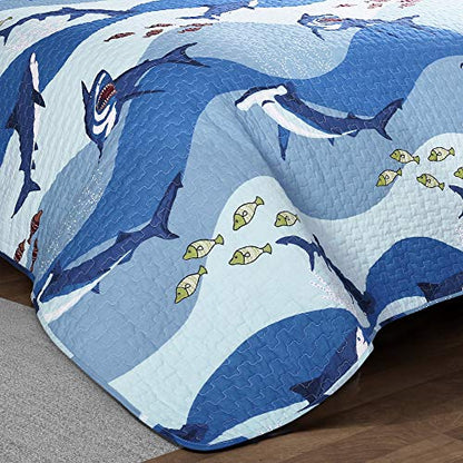 Lush Decor Shark Allover Quilt | Fish Ocean Wave Reversible 2 Piece Bedding Set, Twin, Blue - size: Twin