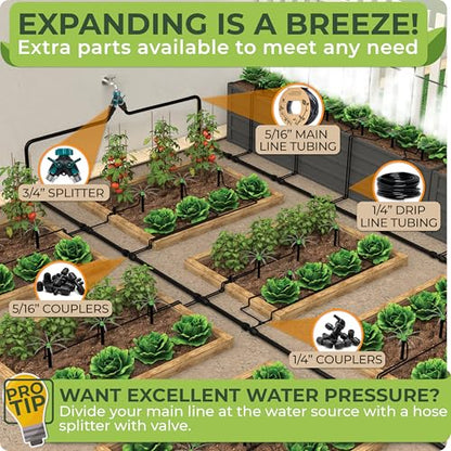 Drip Irrigation System Kit - Complete Quick Connect Garden Watering System with Adjustable Sprinkler Emitters, 5/16" & 1/4" Tubing - Drip Line for Raised Beds, Greenhouse