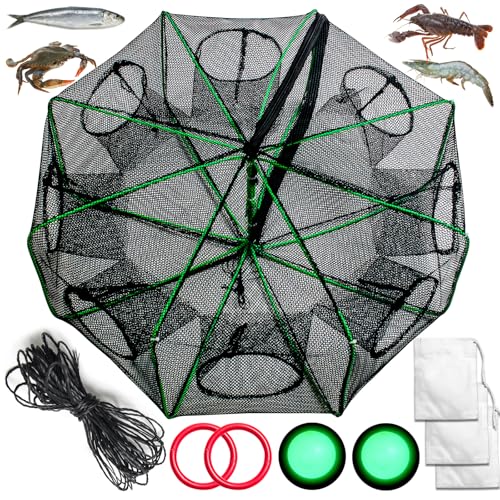 Fishing Bait Trap Crab Trap Minnow Traps, Foldable Net for Blue Crabs Lobster Shrimp Crawfish with Rope and Crabbing Equipment - color: Black-1 Pack, size: 8 Holes-25.5" x 9.4"