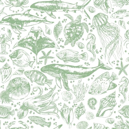 Livelynine Green Coastal Wallpaper Peel and Stick Removable Sage Green Tropical Fish Wallpaper Self Adhesive Ocean Beachy Coastal Contact Paper for Drawers Nautical Octopus Jellyfish Crab 17.5x78.8