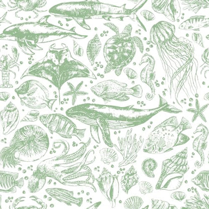 Livelynine Green Coastal Wallpaper Peel and Stick Removable Sage Green Tropical Fish Wallpaper Self Adhesive Ocean Beachy Coastal Contact Paper for Drawers Nautical Octopus Jellyfish Crab 17.5x78.8
