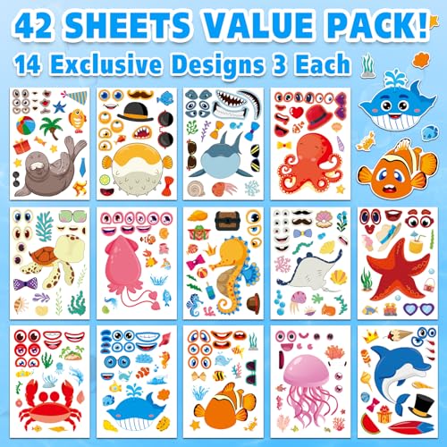 42 Pcs Ocean Animals Make-a-Face Sticker Sheets for Kids - 14 Sea Creature Designs for Party Favors, Classroom Activities, Arts & Crafts - style: Ocean Animals