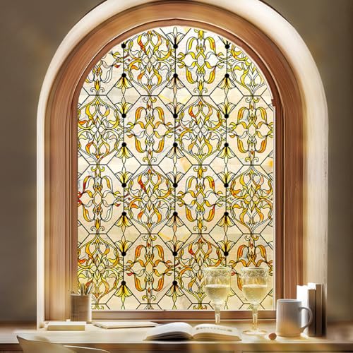3D Stained Glass Window Privacy Film, Heat Control UV Blocking Static Cling Decorative Window Film for Bathroom,Front Door,Home Non Adhesive 16.9 x 78.7 inches Golden Filigree - color: Golden Filigree, size: 16.9 x 78.7 inches