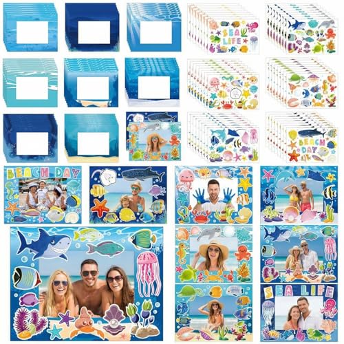 96 Pcs Under The Sea Picture Frame Craft DIY Summer Ocean Beach Photo Frame Crafts with Sea Animals Stickers for Summer Party Home Activities - style: Ocean