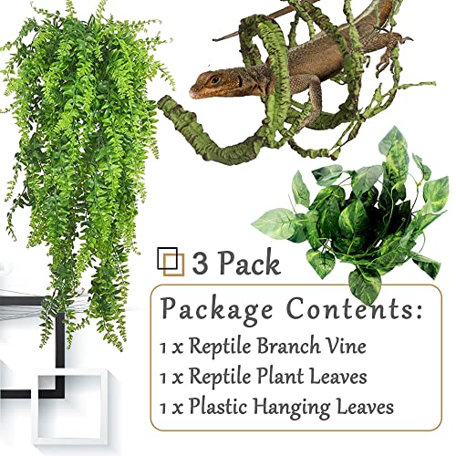 Reptile Plants Bendable Jungle Climbing Vine Terrarium Branch Flexible Plastic Leaves Hanging Pet Habitat Decoration for Bearded Dragon Lizard Gecko Frog Snake Tank Accessories Decor