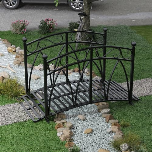 4 Ft Garden Bridge - Metal Footbridge for Outdoors, Safety Side Rails with Fashionable Patterns, Decorative Garden Arch Walkway for Stream, Creek, Pond, Black