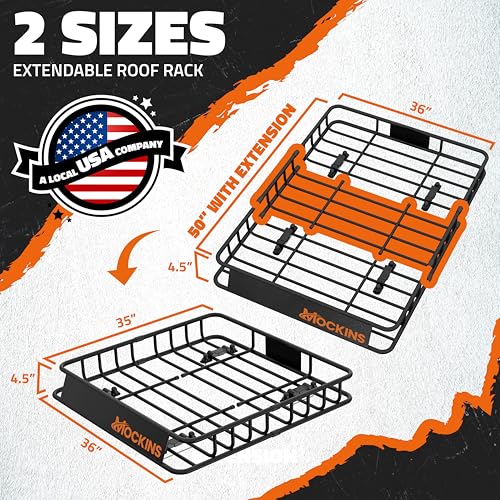 Mockins 50"x36"x4.5" Extendable Car & SUV Rooftop Cargo Carrier 250Lbs Cap | Heavy Duty Roof Rack Basket | Car Topper Luggage Carrier Waterproof & All-Weather Steel Set with Ratchet Straps & Cargo Net - size: Basket: 50"x36"x4.5"
