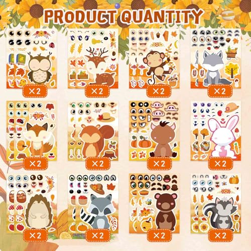 24 Sheets Fall Stickers for Kids Toddlers, Autum Animal Stickers Make-a-face Sticker Make Your Own Sticker 8 Designs of Animal Owl Squirrel Hedgehog Fox Fall Party Decorations Supplies - style: Fall Animal Stickers