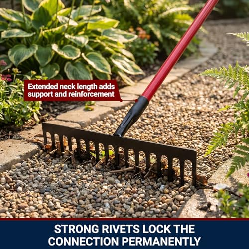 7-Gauge 16-Tine Stone Rake | Heavy Duty Garden Rake for Spreading Gravel Stones and Mulch | 66" Fiberglass Long Handle Lawn Rake for Soil Leveling and Smoothing, Yard Rake 100% Made in USA