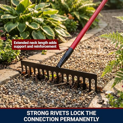 7-Gauge 16-Tine Stone Rake | Heavy Duty Garden Rake for Spreading Gravel Stones and Mulch | 66" Fiberglass Long Handle Lawn Rake for Soil Leveling and Smoothing, Yard Rake 100% Made in USA