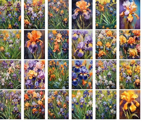 Large Stickers Pack 24 pcs ~ Kaleidoscope of Elegance: The Iris Mosaic - A Vivid Collection of Floral Paintings Stickerss Celebrating The Diverse Beauty of Irises - color: Fiftyone