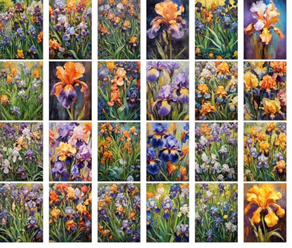 Large Stickers Pack 24 pcs ~ Kaleidoscope of Elegance: The Iris Mosaic - A Vivid Collection of Floral Paintings Stickerss Celebrating The Diverse Beauty of Irises - color: Fiftyone
