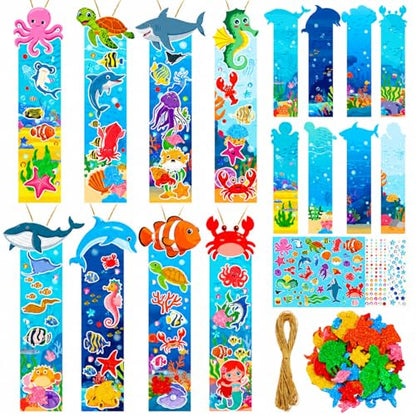 Frienda 48 Sets Summer Ocean Bookmarks Craft Kits DIY Under The Sea Stickers Shark Make Your Own Bookmarks Paper Craft Summer Party Games for Ocean Animals Classroom Activity Supplies - style: Sea Animals