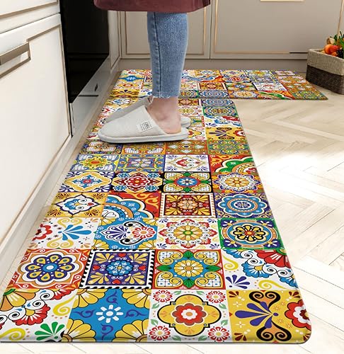 Boho Kitchen Rugs Set 2 Memory Foam Colorful Ceramic Comfort Tile Floor Mat Anti Fatigue Non-Skid PVC Runner Rug Water & Oil Proof Carpet for Kitchen Laundry Sink,17.3x28+17.3x47 Inch, C2 - color: Color Tiles-2