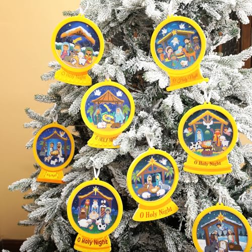 Frienda 48 Set Christmas Shaking Nativity Snow Globe Craft Kit Make a Jesus Birth Snowglobe Stickers Ornament Bulk with Glitter Sequins Papers for Xmas Tree Decor Religious Classroom Game Activities - style: Holy Night