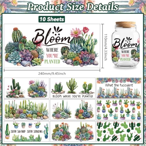 UV DTF Cup Wraps Transfer Stickers Cactus Pattern, 10 Sheets Waterproof Custom Vinyl Transfer Sticker 16oz Coffee Glass Cup Tumbler Bottle Mug Decals for Men Women - style: Cactus