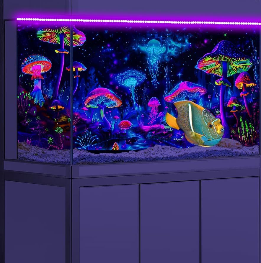 72X16IN Blacklight Mushroom Jellyfish Aquarium Background UV Reactive Background Starry Sky Terrarium Background with 10 EVA Double-Sided Tape - size: 72X16in/180X40cm