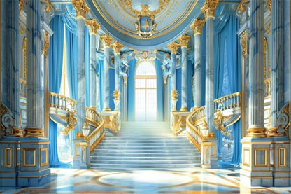 Fabric Blue Palace Backdrop Luxury Golden Hall Castle Interior Staircase Masquerade Party Scene Wedding Bridal Shower Background Photo Booth Studio Props 5x4ft - color: XH002, size: 5Wx4H FT