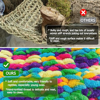 30" x 7" Hand-Knitted‌ Soft Reptile Lizard Hammock,Lengthened Thicker Hammock for Bearded Dragon Tank Swing Hanging with Strong-Adhesive Hooks,Breathable Bed for Gecko Chameleon(Rectangular)