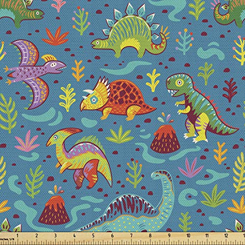 Lunarable Dinosaur Party Fabric by The Yard, Cartoon Reptiles Comic Monsters Prehistoric Featured Theme, Decorative Fabric for Upholstery and Home Accents, 2 Yards, Aqua Green - color: Aqua Green, size: Upholstery Fabric 2 yards