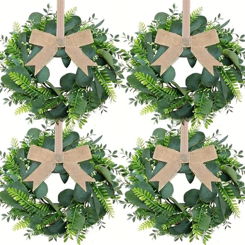 4 Pcs Artificial Greenery Spring Summer Swag Wreaths Eucalyptus Leaves Candle Rings Wreath Mini Faux Kitchen Cabinet Farmhouse Wreaths with Ribbon for Front Door Porch Wall Window Farmhouse Decor - color: Green