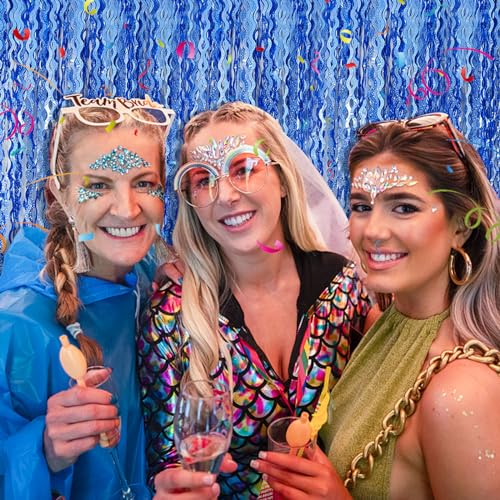 Blue Backdrop Wavy Tinsel Foil Fringe Curtains for Parties Sparkle Metallic Wavy Blue Birthday Decorations for Streamers Party Decorations Photo Booth Props Birthday Ocean Party Decor Supplies