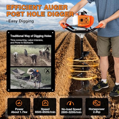 52Cc Auger Post Hole Digger,2-Stroke Petrol Gas Powered Earth Digger Earth Auger with 3 Digging Machine Drill Bits 4" 6" 8" and 3 Extension Rods for Tree Planting Holes,Fence Stakes,Greenhouse Stakes
